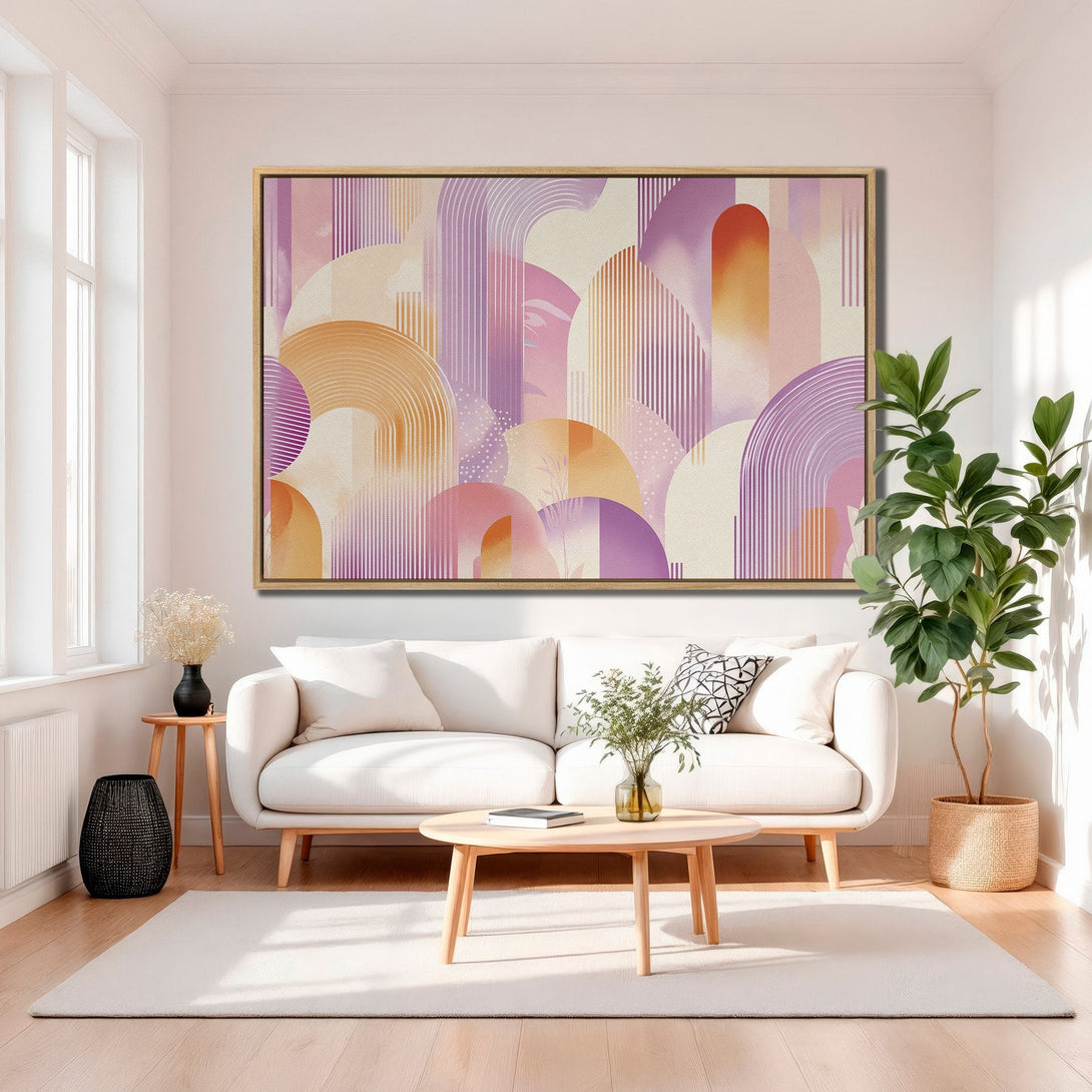 Framed Wall Art featuring an abstract geometric design in a soft, warm color palette of pink, purple, and orange. Perfect for modern home decor.