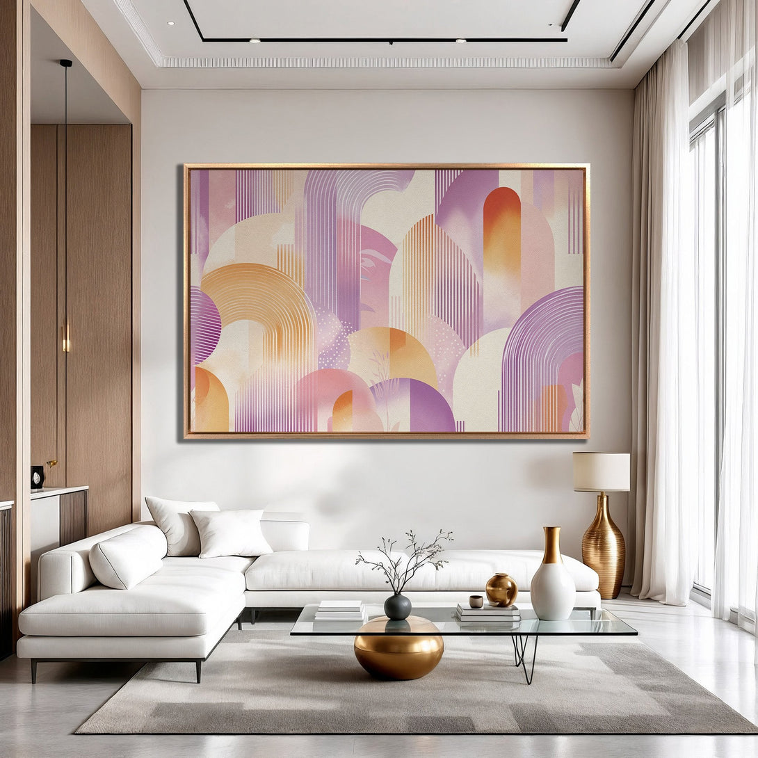 Framed Wall Art: Abstract geometric art in a modern interior. Features a warm, pastel color palette of pink, orange, and purple.  Perfect for home decor.