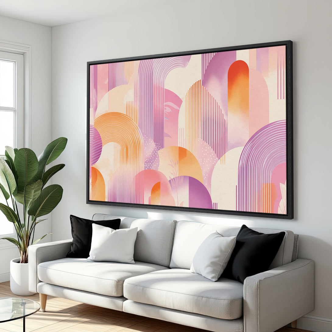 Framed Wall Art: Abstract geometric art in a pink and orange color palette. Modern canvas print adds a pop of color to any interior.