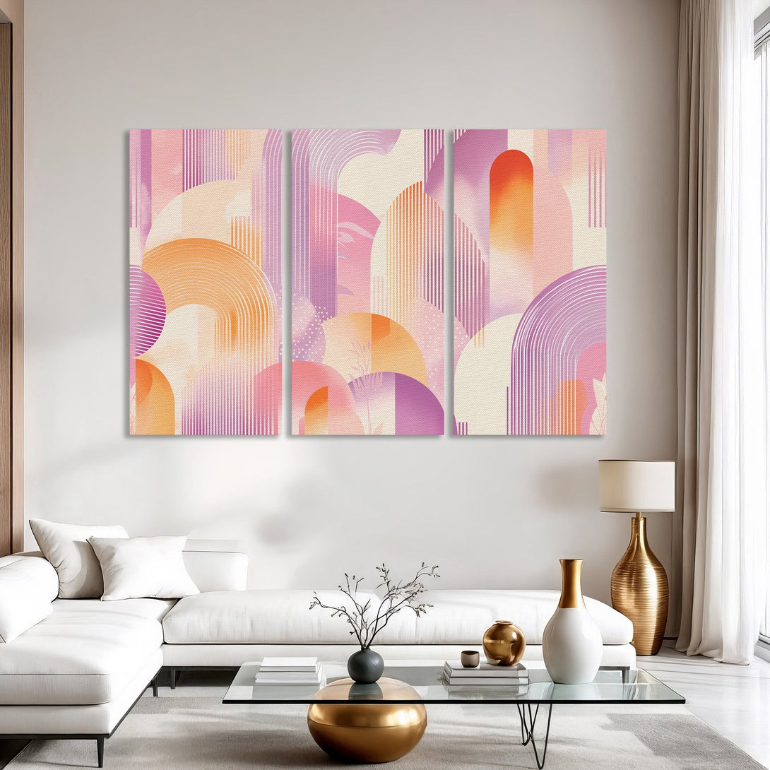 Abstract Canvas Print in pink, orange, and purple. Modern art for living room decor. Geometric design with arches and lines.