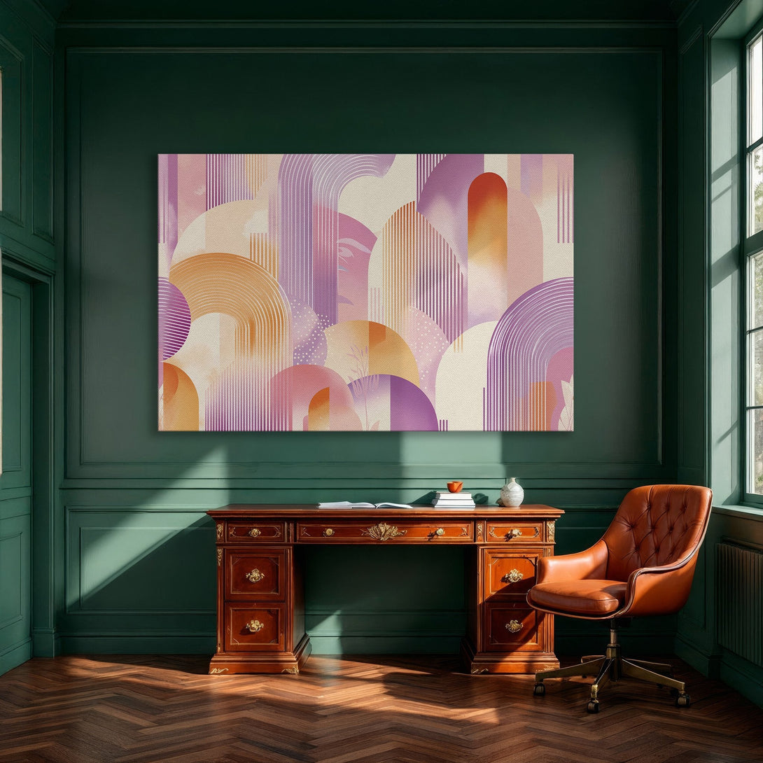 Framed Wall Art: Abstract art print with warm pink & orange tones. Modern style canvas print perfect for dining room decor. Shop now!