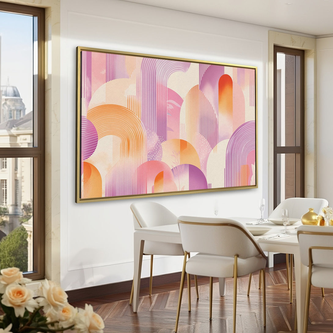 Abstract Canvas Print in a modern interior, featuring a geometric design in pastel pinks, purples, and oranges. Perfect wall art for any room!