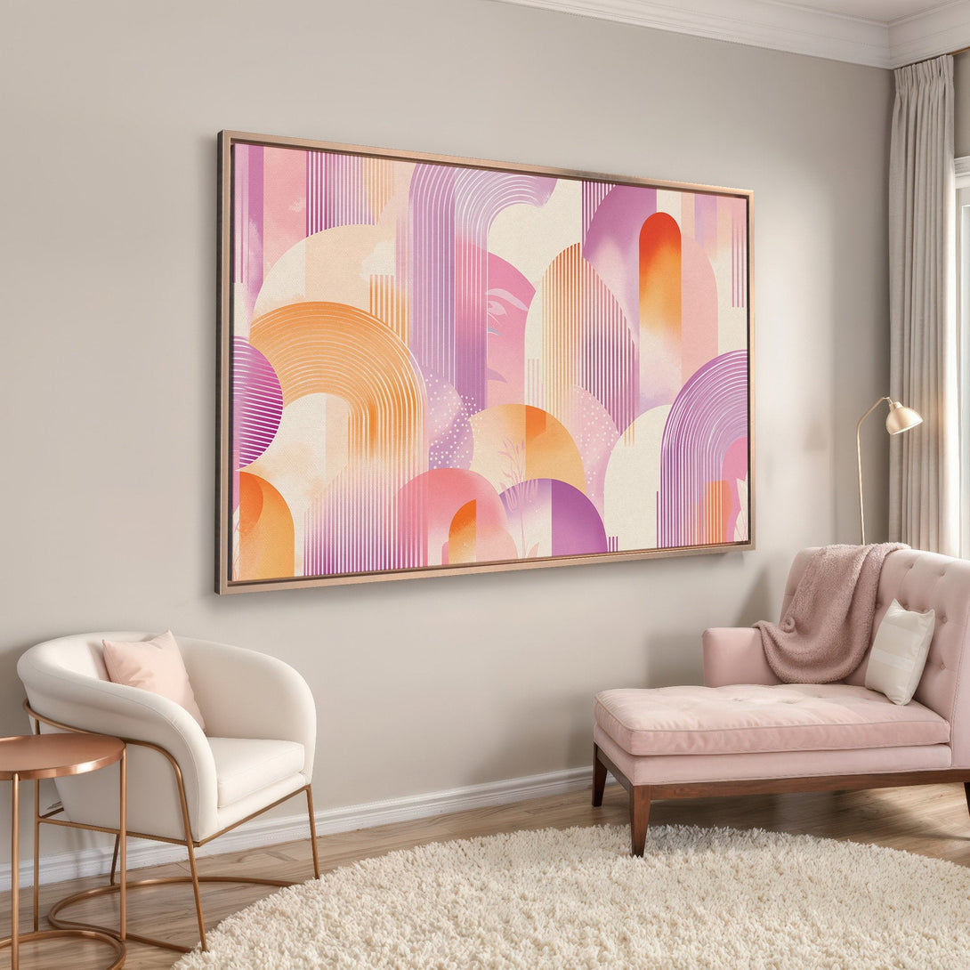 Framed Wall Art featuring an abstract design with arches and lines in a warm pink, orange, and purple color palette, perfect for modern interiors.