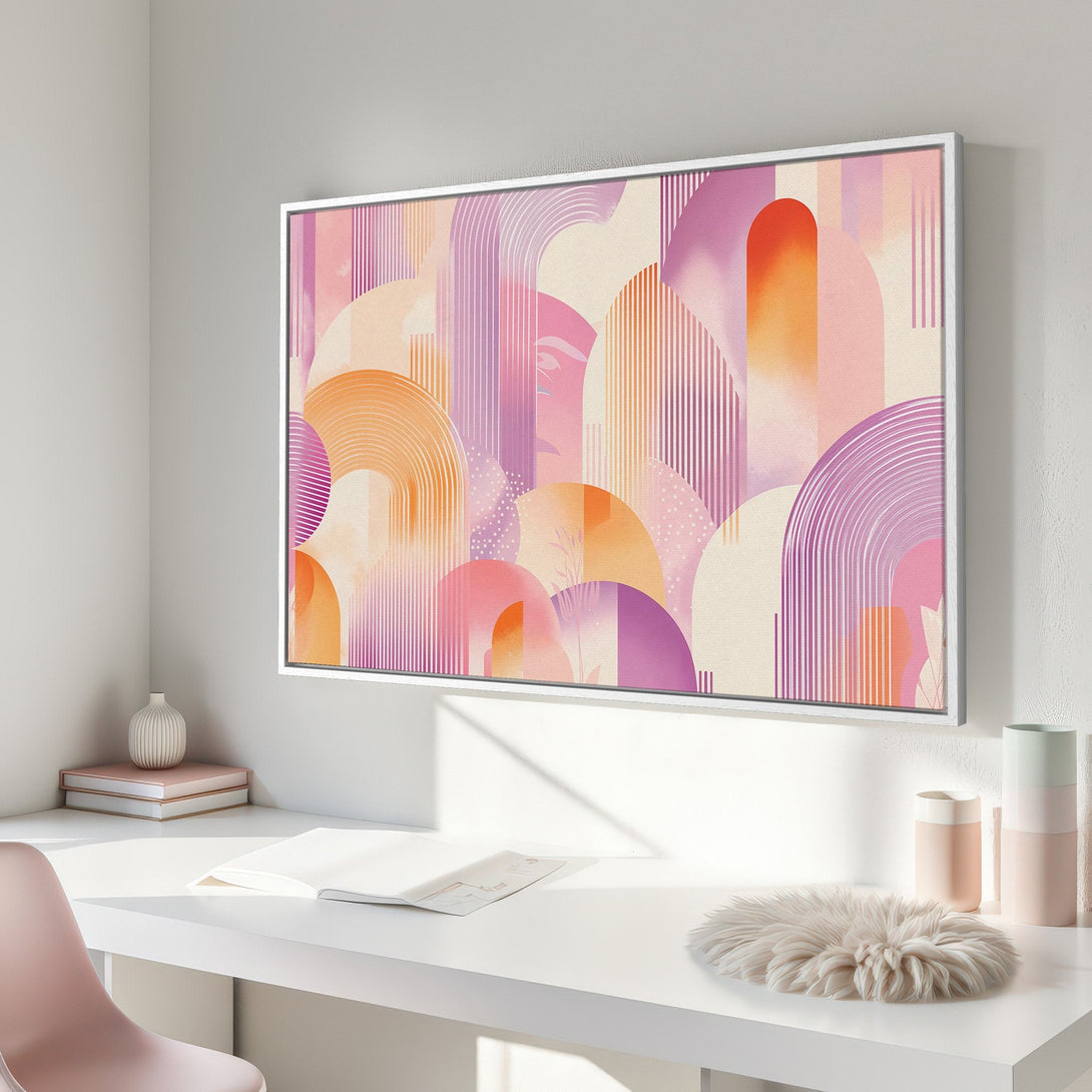 Framed Wall Art: Abstract geometric design in pink, orange, and purple hues. Modern art canvas print adds a pop of color to any space.