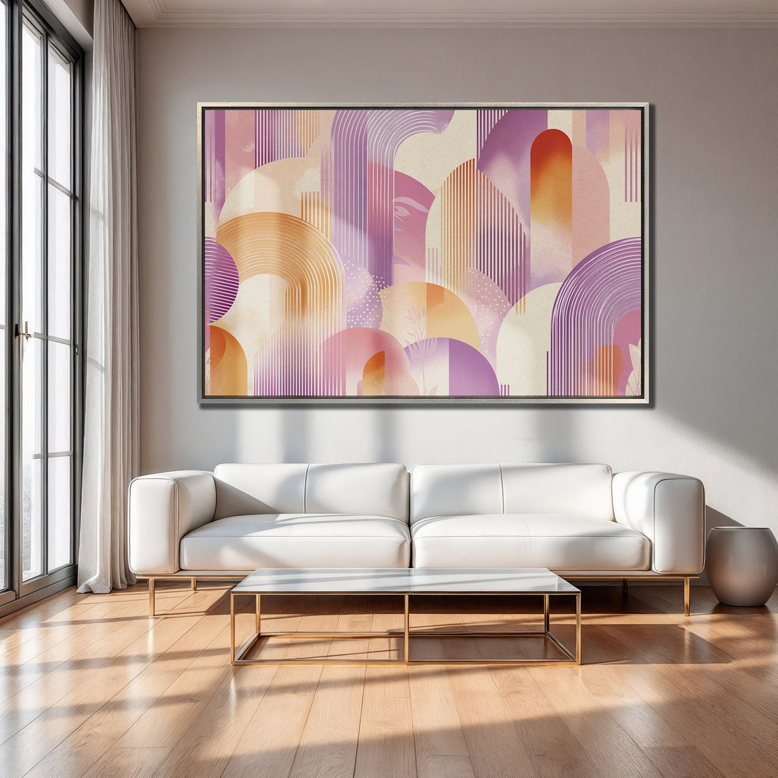 Framed Wall Art with abstract geometric design in purple, orange, and pink hues. Modern art for living room decor.
