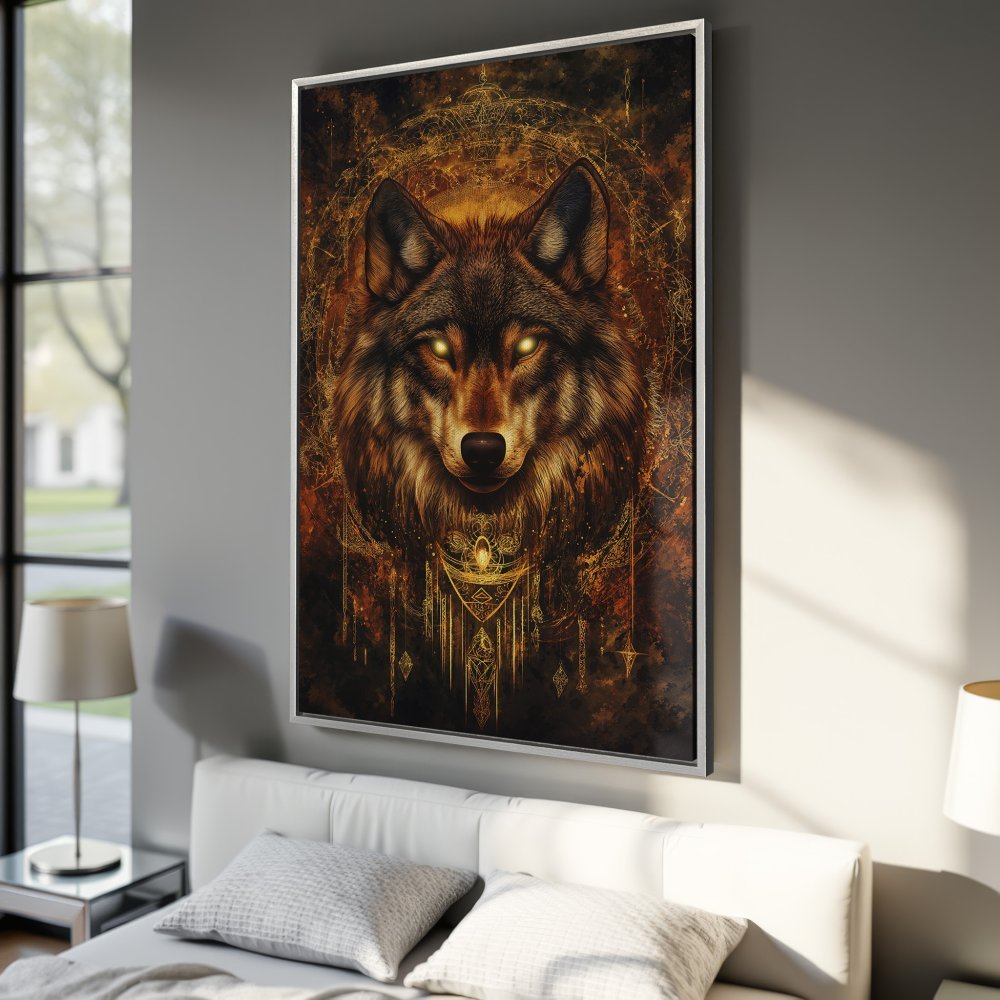 Framed Wall Art featuring a majestic wolf portrait in warm, earthy tones. Enhance your space with this stunning, artistic Canvas Print!