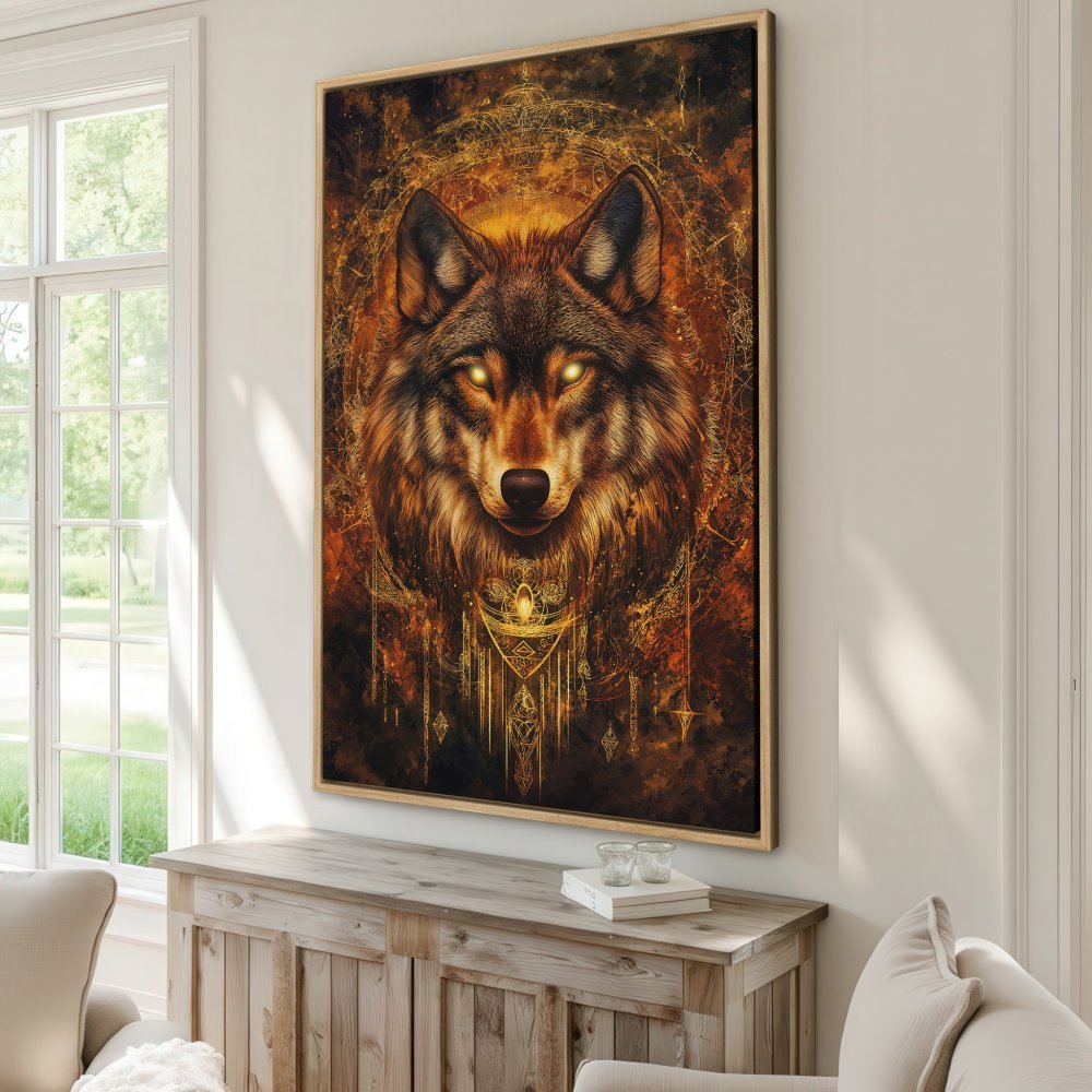 Framed Wall Art: Majestic wolf portrait in warm orange and gold tones. Mystical art style, perfect for adding a touch of wild beauty to your home.