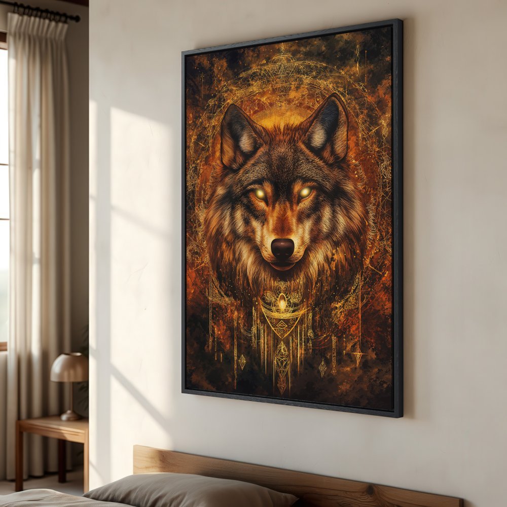 Framed Wall Art featuring a majestic wolf portrait in a mystical, golden style. Enhance your space with this stunning canvas print!