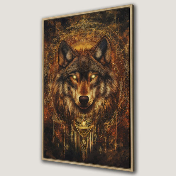Framed Wall Art: Majestic wolf portrait in warm gold and brown tones. Perfect for adding a touch of mystical art to your home decor.