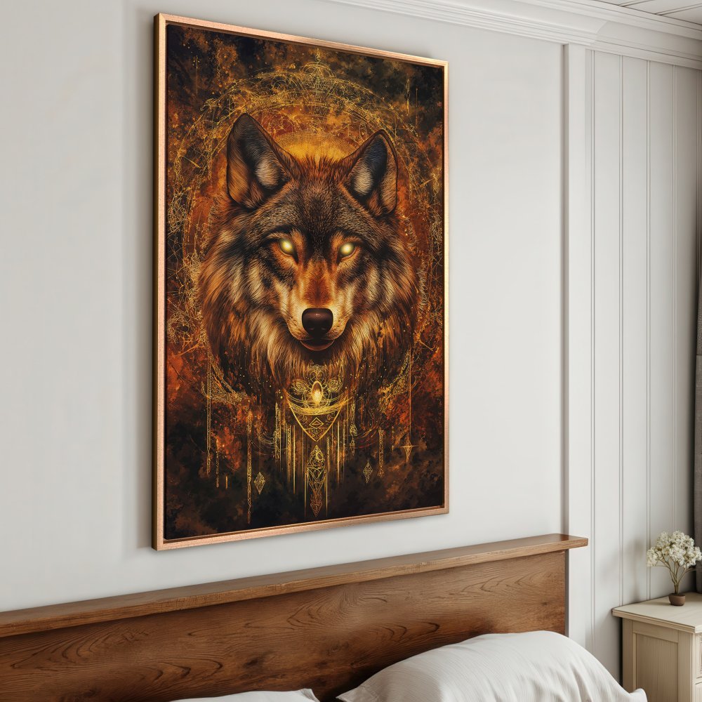 Framed Wall Art: Majestic wolf portrait in warm gold and brown tones. Add a touch of wild beauty to your home with this stunning Canvas Print.
