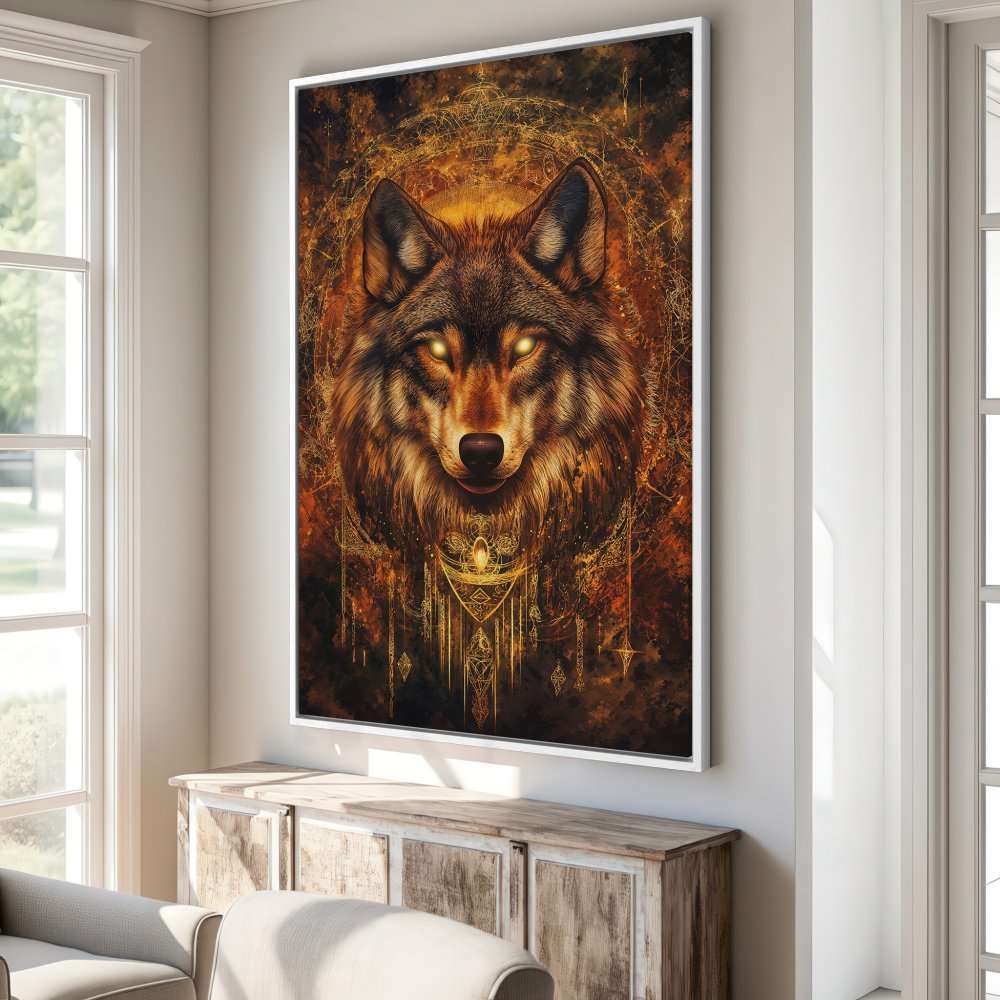 Framed Wall Art: Majestic wolf portrait in warm orange and gold tones. Add a touch of mystical art to your home!