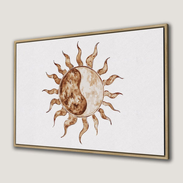Canvas Print featuring a watercolor sun with a yin-yang design, warm brown tones on white background. Perfect wall art!