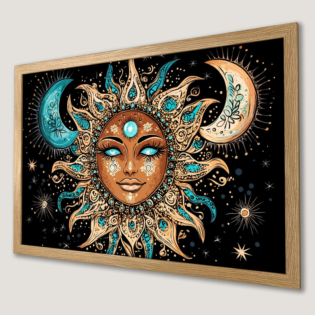 Framed Poster featuring a celestial sun and moon design in teal, gold, and black. Perfect boho wall art!