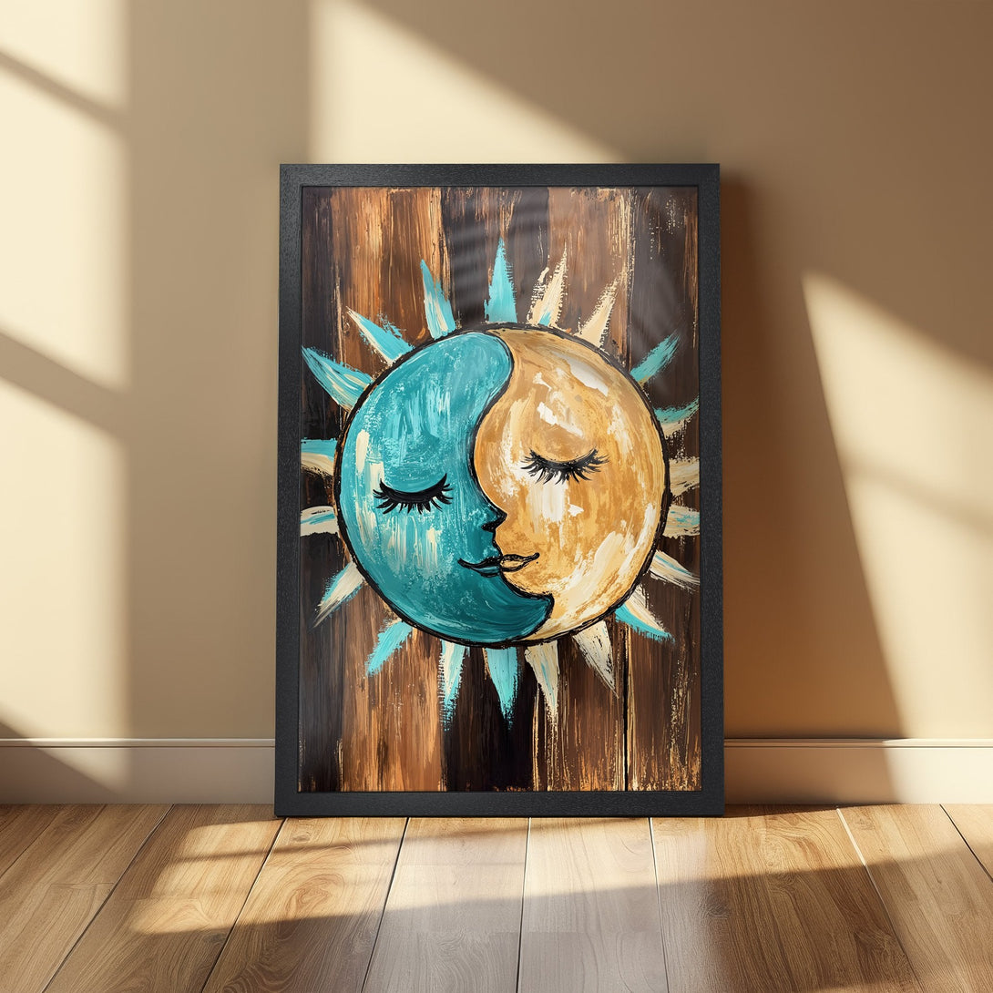 Framed Poster featuring a whimsical sun and moon design in teal, gold, and brown. Perfect wall art for any room!