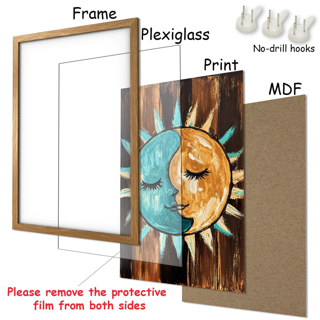 Framed Poster featuring a sun and moon design in a rustic style with a warm brown and teal color palette. Perfect wall art!