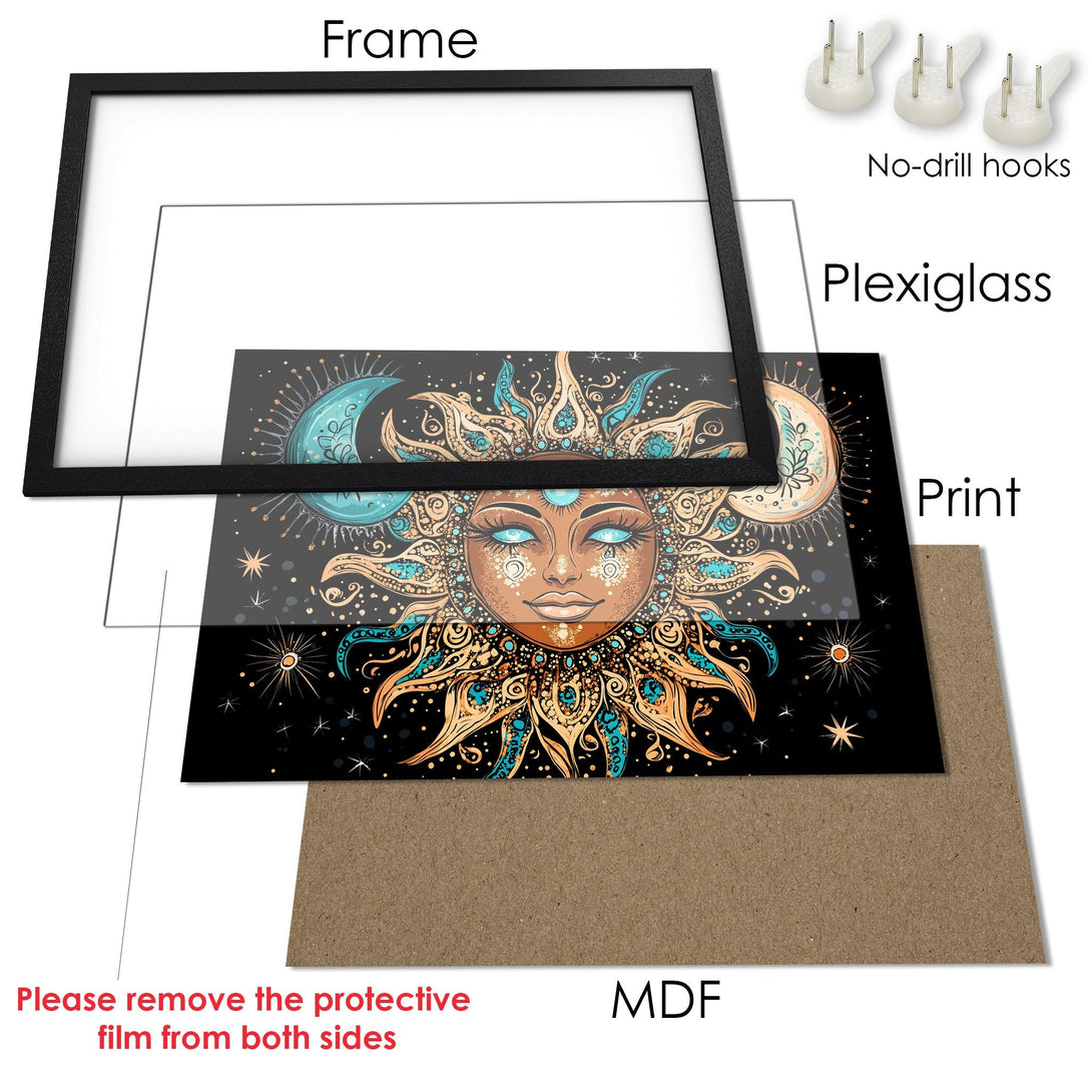 Framed Poster featuring a bohemian sun goddess illustration. Earthy tones with teal accents. Perfect wall art!
