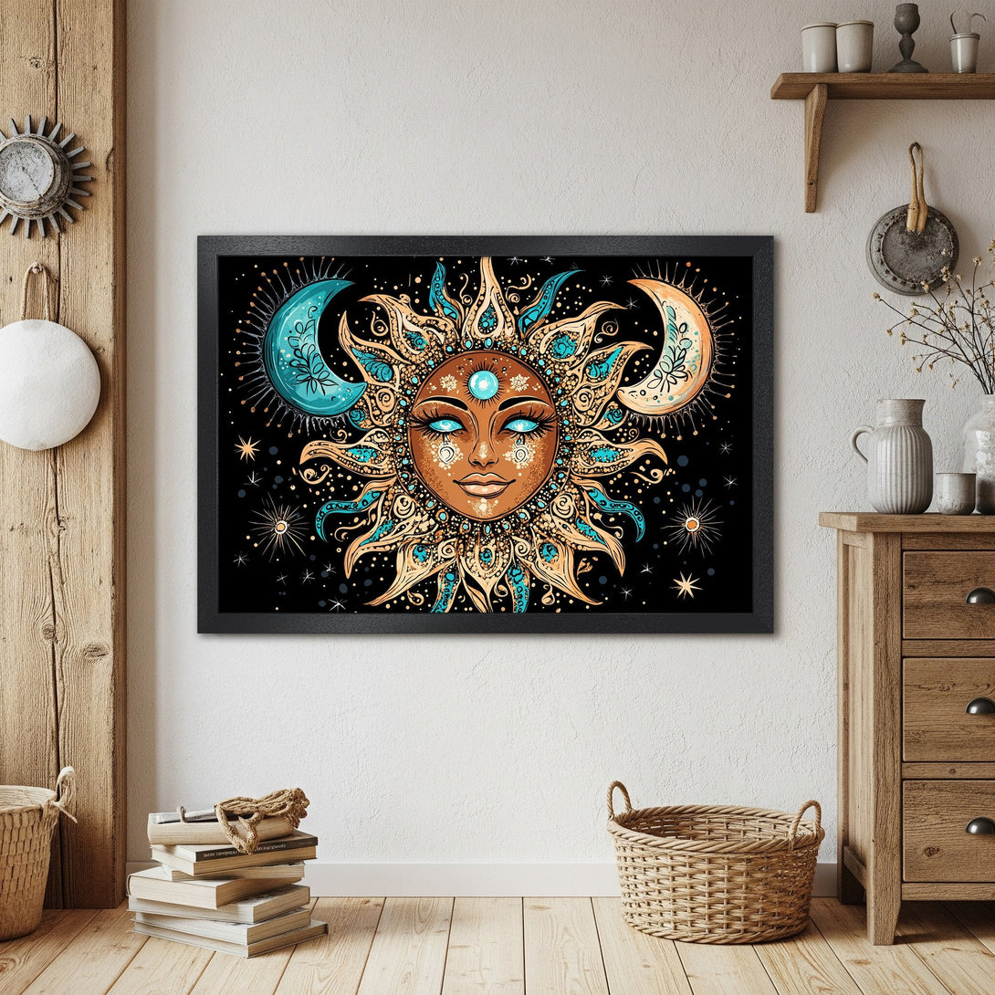 Framed Poster featuring a celestial sun and moon design in teal, gold and black. Boho art for your home.