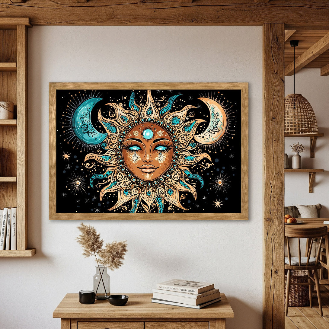 Framed Poster featuring a mystical sun and moon design in teal, gold, and brown on a black background. Perfect wall art!