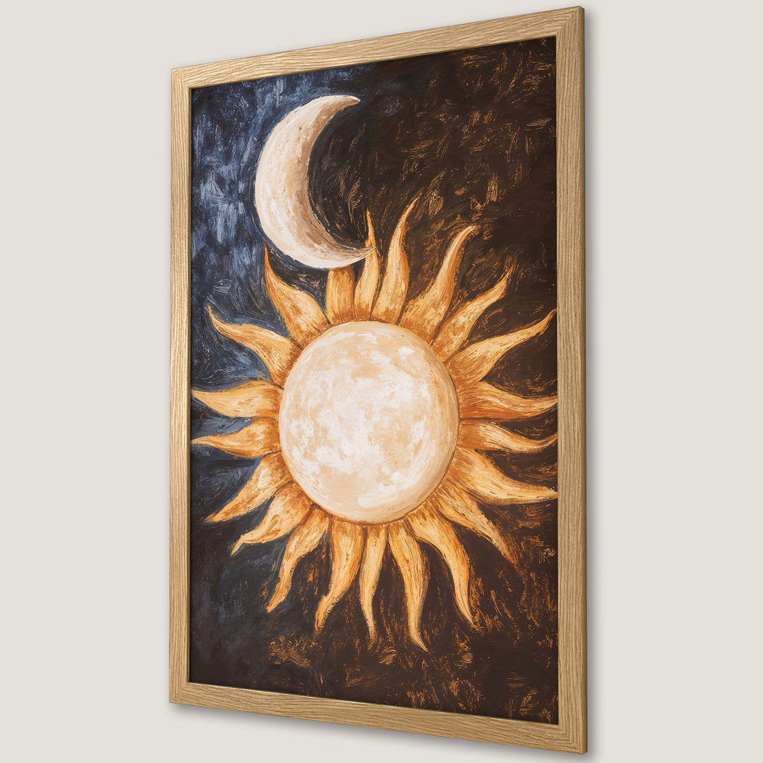 Framed Poster featuring a sun and moon art print in warm tones. Perfect wall decor for any room.