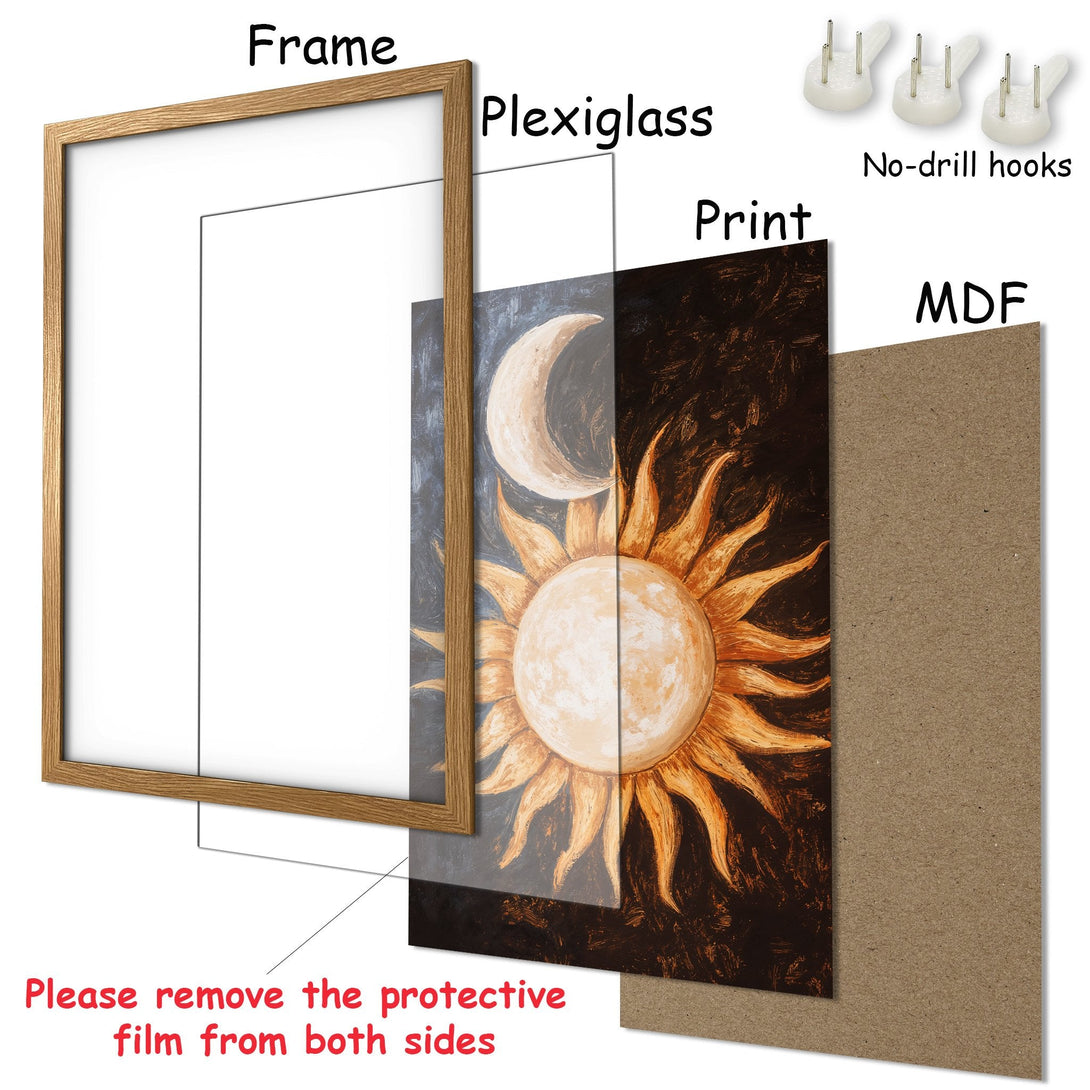 Framed Poster featuring a sun and moon in warm orange and brown tones. Perfect art for any home!