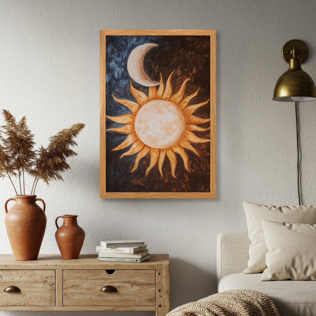 Framed Poster featuring a celestial sun and moon design in warm orange and blue tones. Perfect wall art for any space.