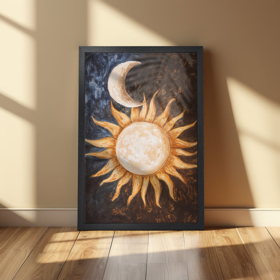 Framed Poster featuring a celestial sun and moon design in a warm, earthy color palette. Adds a touch of bohemian style to any space.