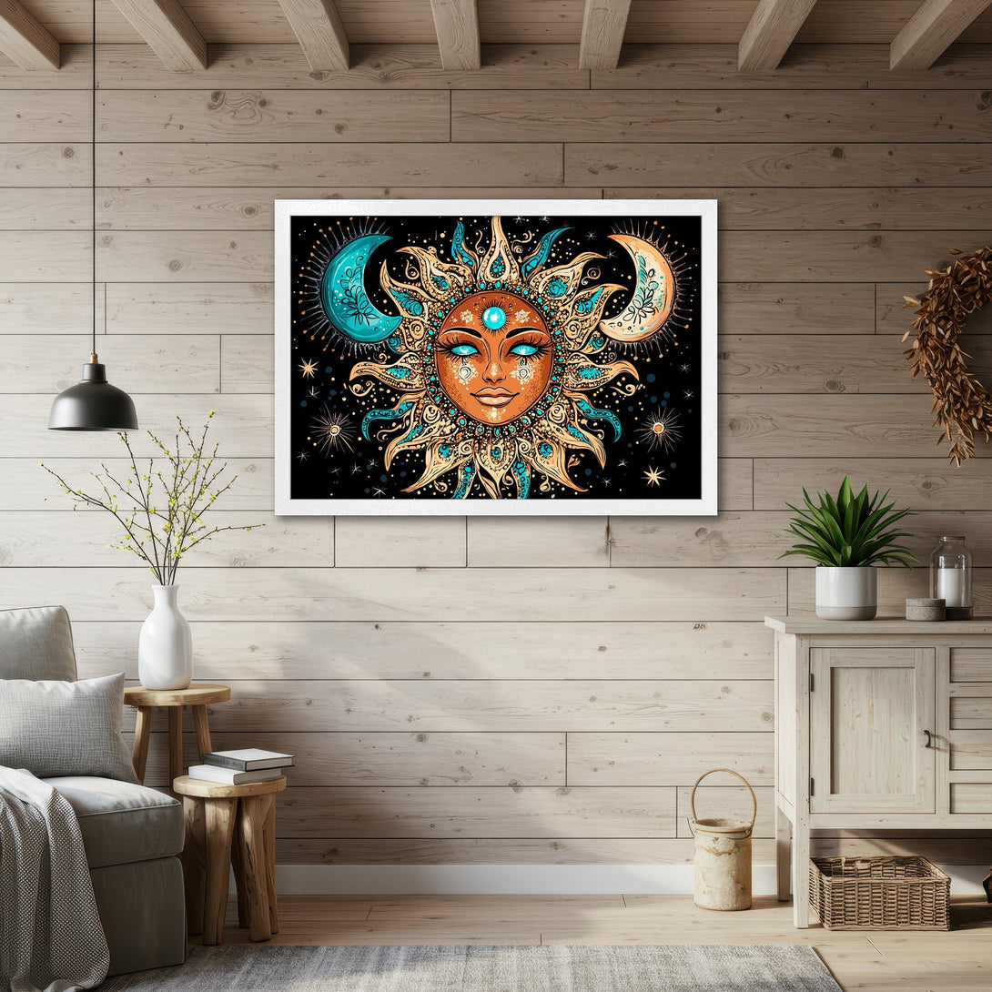 Framed Poster featuring a celestial sun and moon design in a bohemian style with teal, gold, and black color palette. Add a touch of magic to your space!