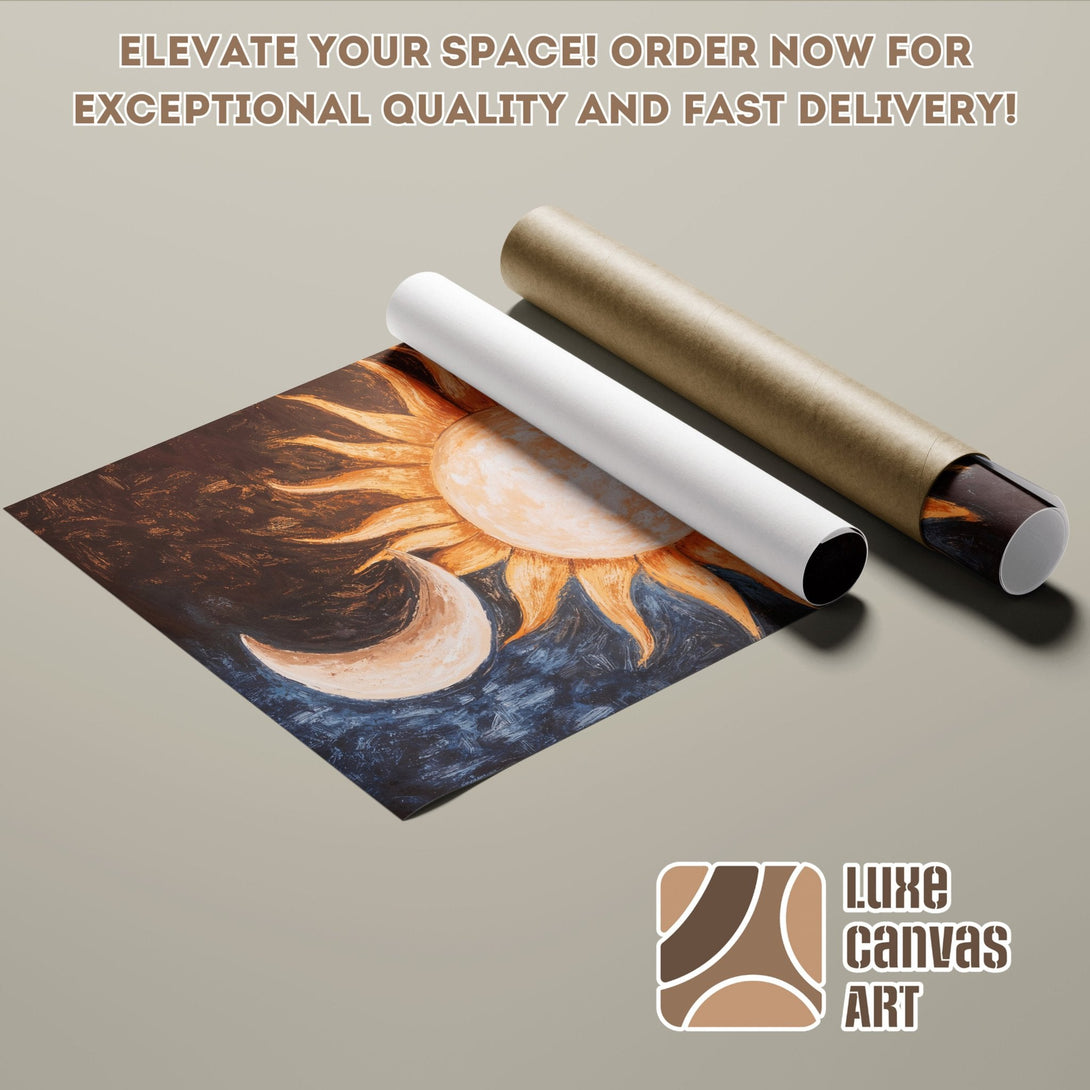 Poster Roll featuring a sun and moon painting in warm tones. Modern art style. Perfect wall decor.