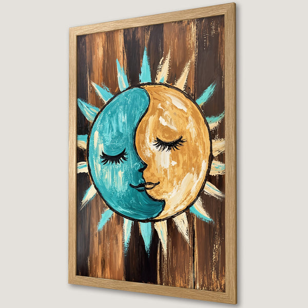 Framed Poster featuring a sun and moon design in a vibrant teal, gold, and brown color palette. Perfect wall art!