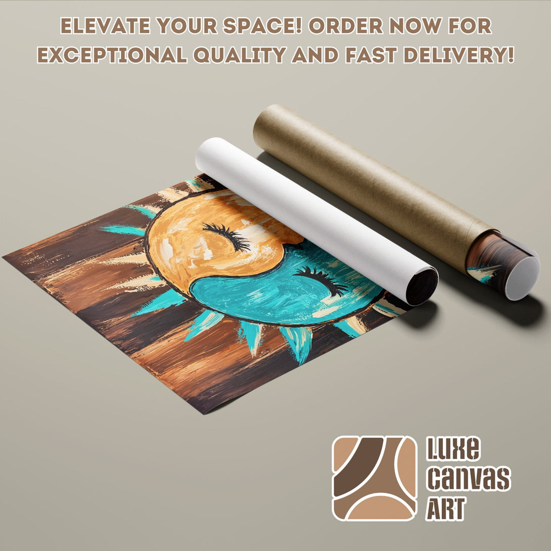 Poster Roll featuring abstract sun art in brown, turquoise, and beige tones. Elevate your space with Luxe Canvas Art!