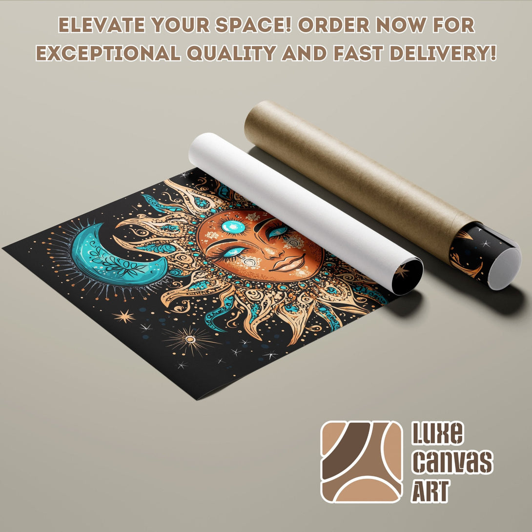 Poster Roll featuring a sun and moon design in a boho style, with a black, teal, and gold color palette.