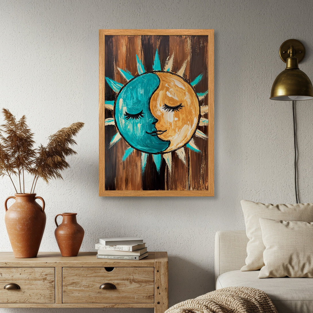 Framed Poster featuring a whimsical sun and moon design in teal, orange, and brown tones. Perfect art for your home!