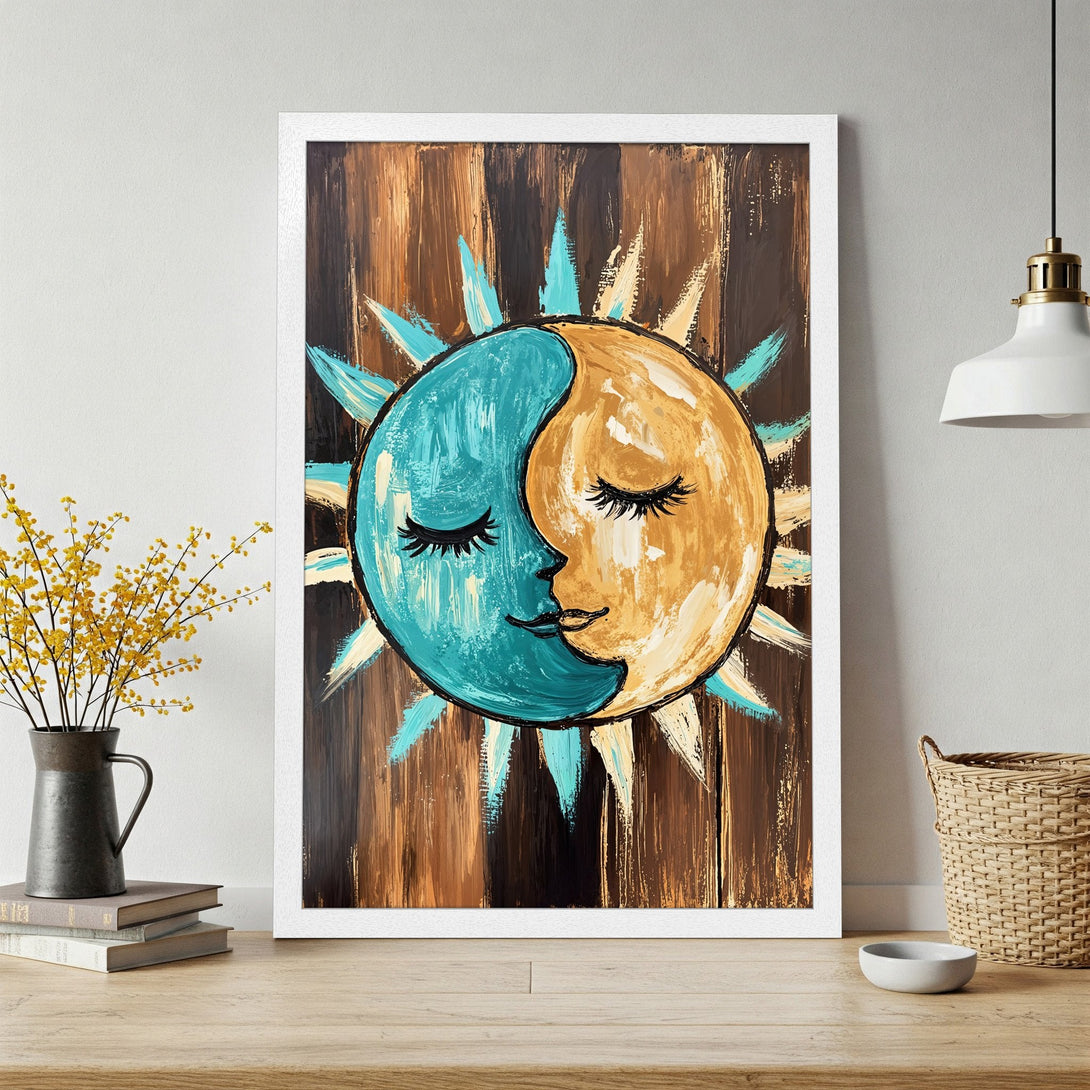 Framed Poster featuring a sun and moon design in a bold, abstract style with teal, gold, and brown tones. Perfect wall art!