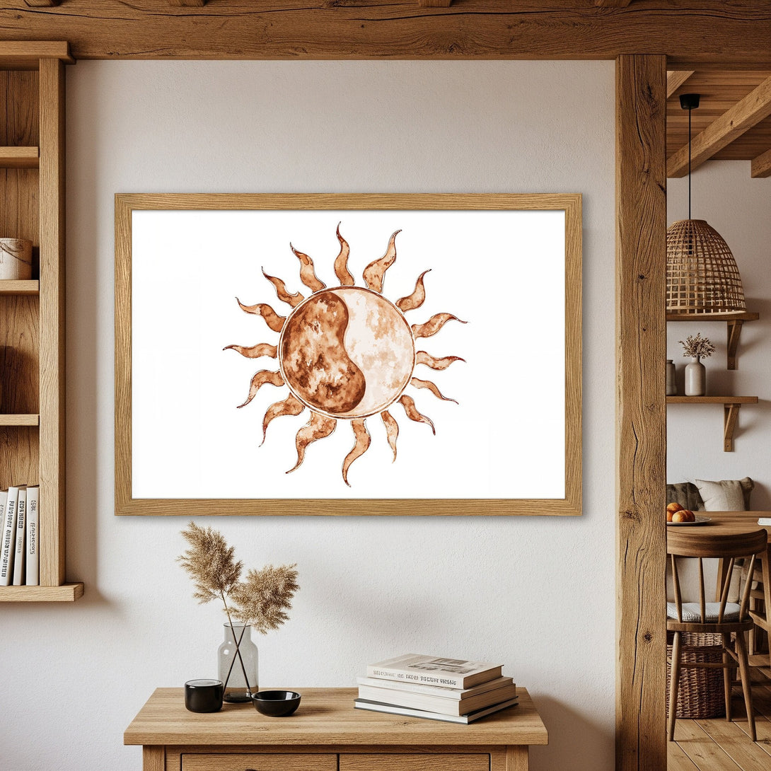 Framed Poster featuring a watercolor sun and yin yang design in warm brown tones. Perfect for boho decor!