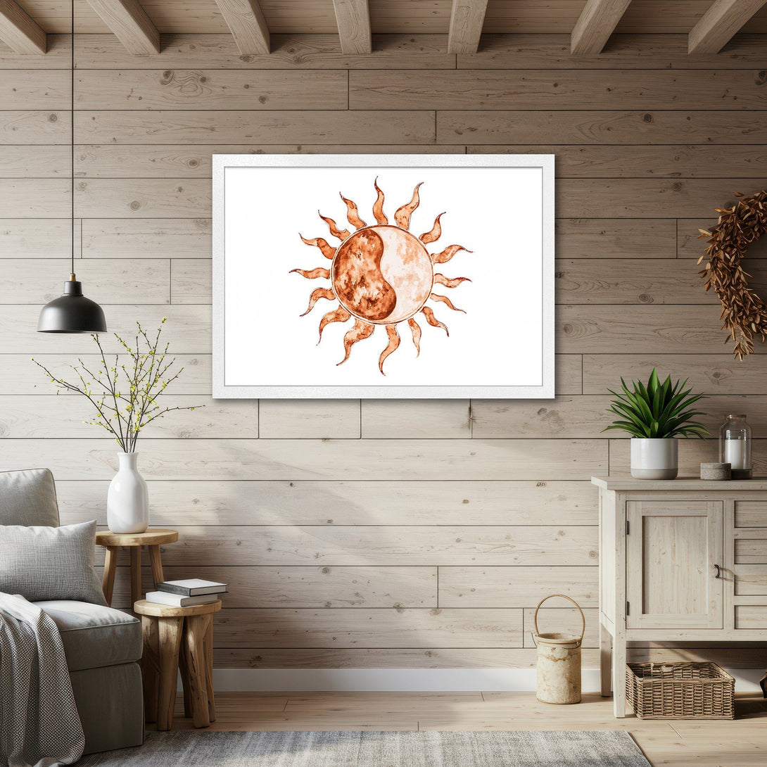 Framed Poster featuring a watercolor sun and moon design in warm earth tones. Perfect wall art for a cozy, bohemian home.