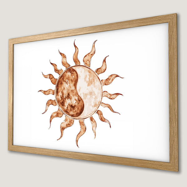 Framed Poster featuring a watercolor sun with a yin-yang design in warm brown tones. Perfect for adding a touch of zen to your space.