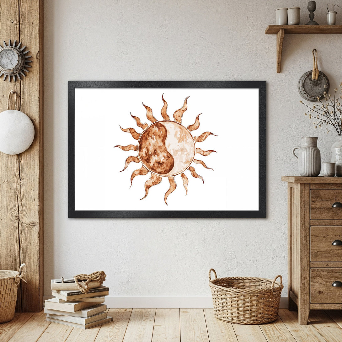 Framed Poster featuring a watercolor sun and moon design in warm brown tones. Perfect for boho decor!