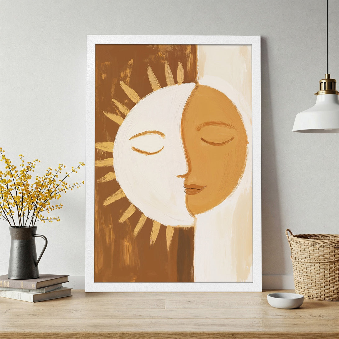 Framed Poster featuring a sun and moon face in a warm, earthy color palette. Abstract art style, perfect for modern home decor.