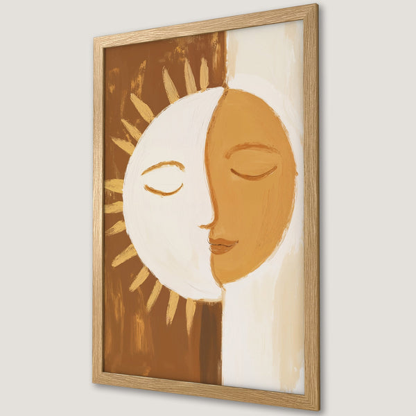 Framed Poster featuring an abstract sun and moon design in warm earth tones. Modern art style with a neutral color palette.