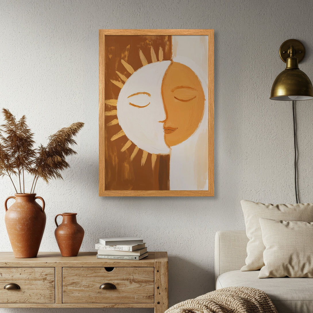Framed Poster featuring a sun and moon abstract art in warm earth tones. Perfect for adding a touch of bohemian style to your home decor.