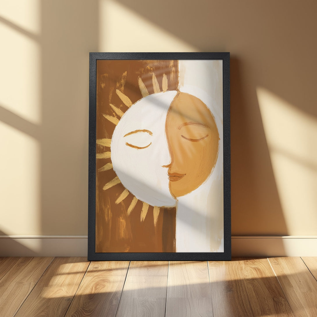 Framed Poster featuring a sun/moon face art print in warm earth tones. Perfect wall decor for a modern, minimalist style.