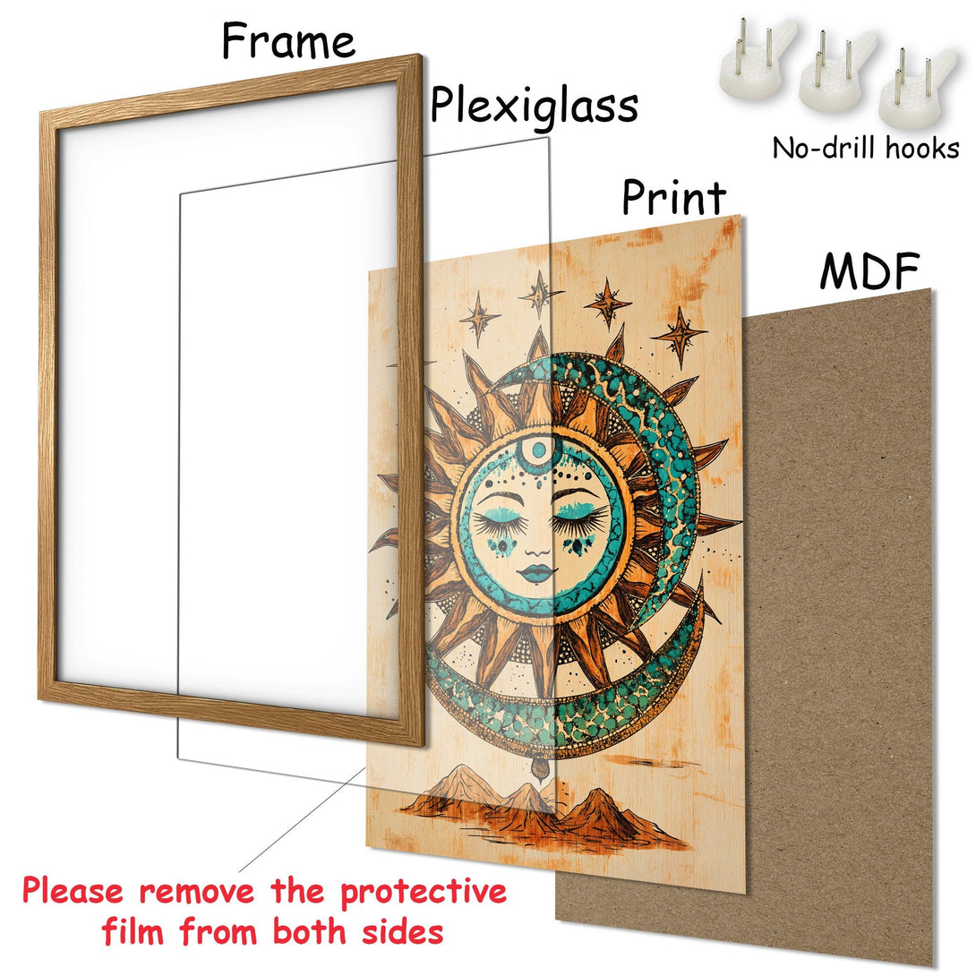 Framed Poster featuring a sun design in boho style with a teal and orange color palette. Ready to hang!