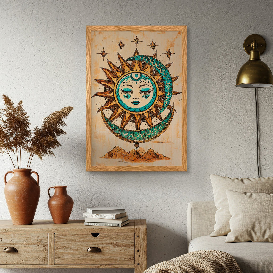 Framed Poster featuring a celestial sun and moon design in a bohemian style with a teal and warm earth tone palette. Add this art to your home!