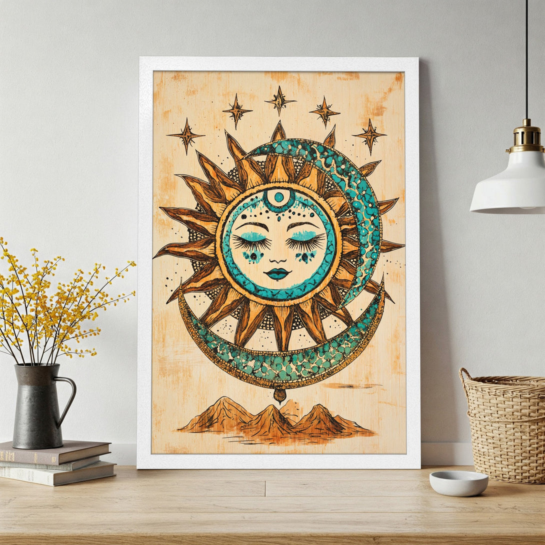 Framed Poster featuring a celestial sun and moon design in boho style with a warm, earthy color palette. Perfect wall art!