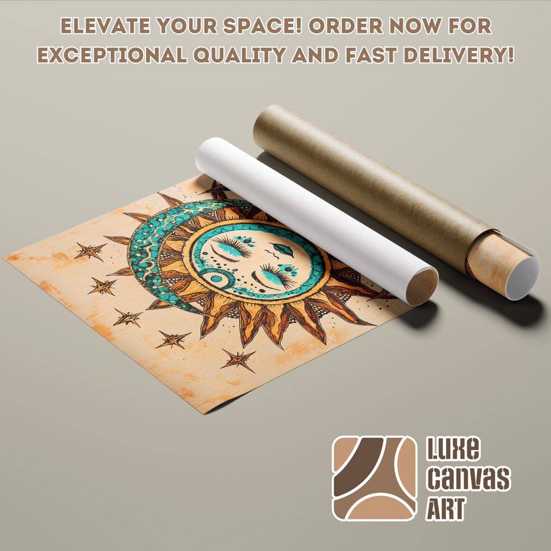 Poster Roll featuring a sun design in a vintage style with a teal and brown color palette. Elevate your space with Luxe Canvas Art!