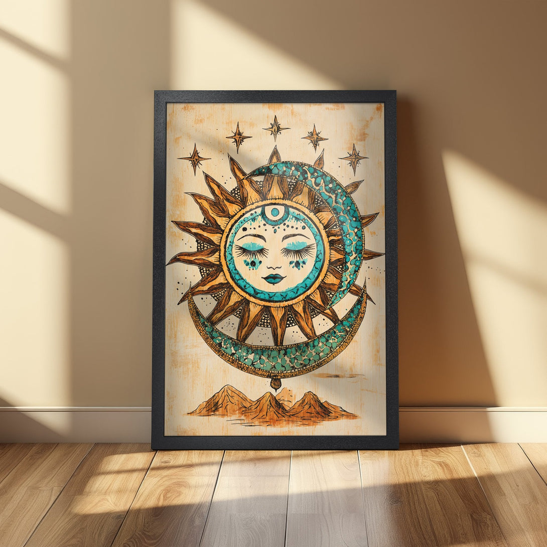 Framed Poster featuring a celestial sun and moon design in bohemian style with teal, gold, and beige tones. Perfect wall art!