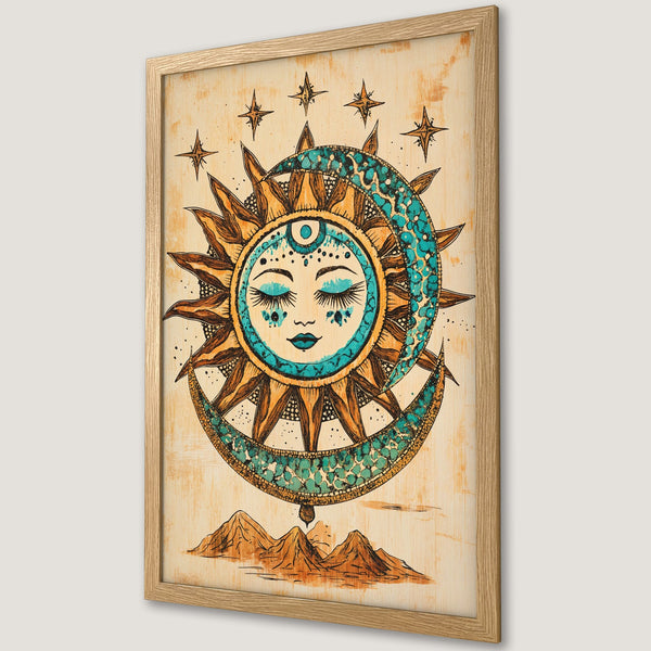 Framed Poster featuring a celestial sun and moon design in boho style with teal, gold, and brown tones. Perfect wall art!