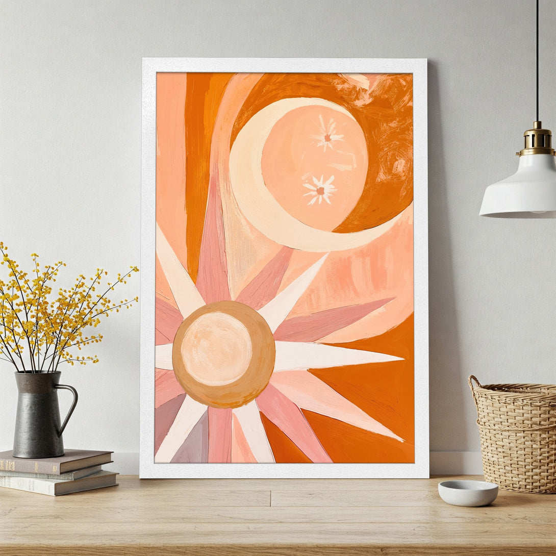 Framed Poster featuring a sun and moon abstract art piece in warm orange and pink tones. Modern, stylish wall decor.