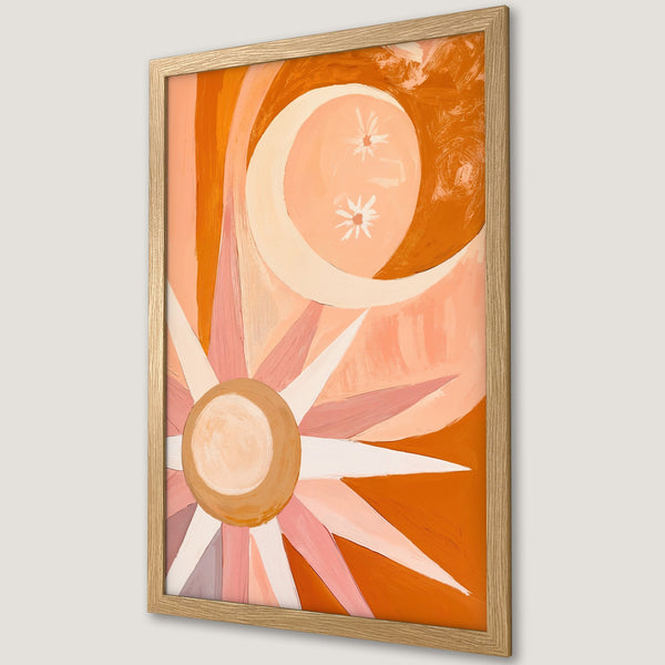 Framed Poster featuring an abstract sun and moon design in warm orange and pink tones. Modern art style, perfect for home decor.