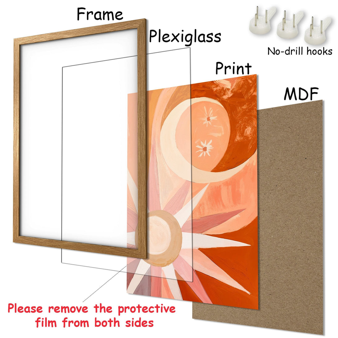 Framed Poster with abstract sun design in warm orange and pink tones. Modern art print, ready to hang.